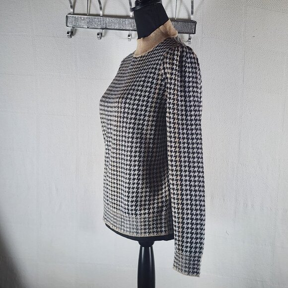 Ann Taylor Black Tan Metallic Houndstooth Mock Neck Cotton Poly Modal Sweater M - Picture 7 of 16